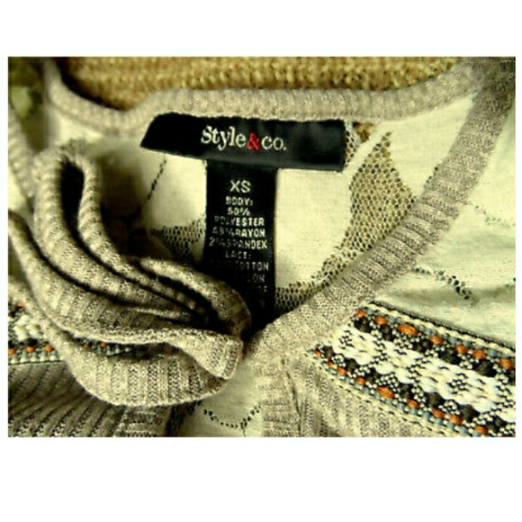 STYLE & CO. Lace trim Top XS Taupe Brown Sharkbite hem Boho keyhole front blouse - Picture 6 of 6